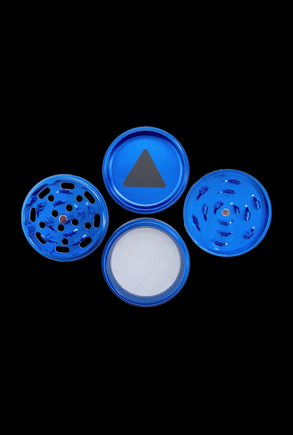 Blue four-piece cannabis grinder disassembled on a black background.