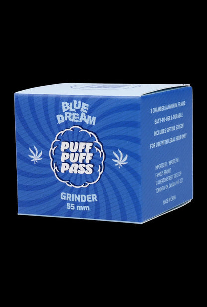 Blue and white cannabis grinder box with leaf graphics and text reading “Puff Puff Pass” and “Grinder 55mm”.