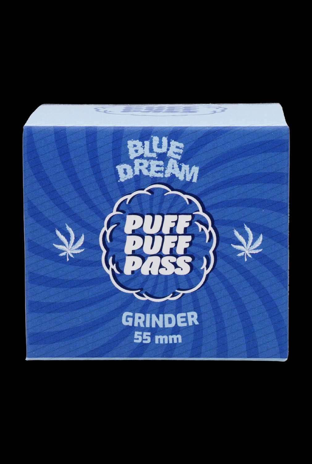Blue cannabis grinder box with marijuana leaf graphics and text “Puff Pass.”