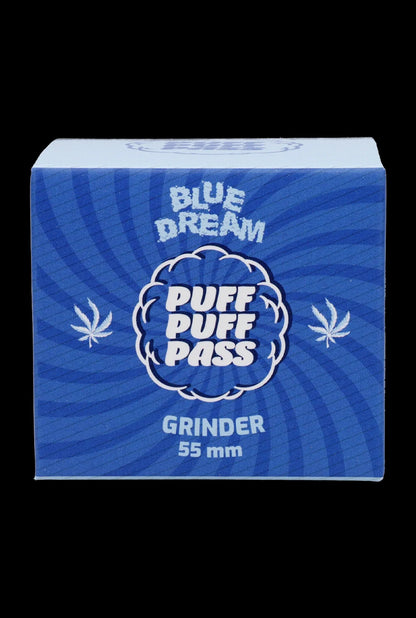 Blue cannabis grinder box with marijuana leaf graphics and text “Puff Pass.”