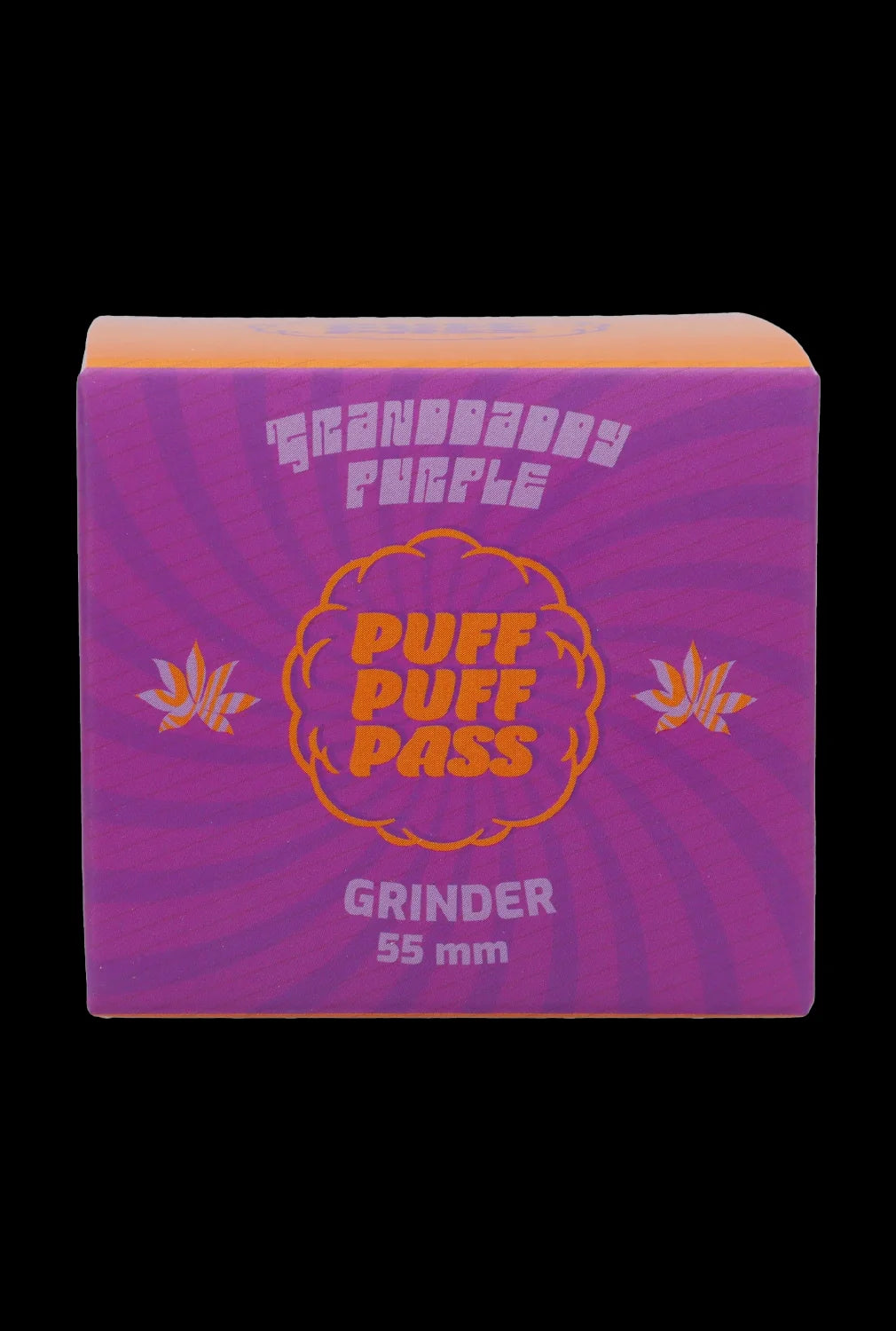 Purple cannabis grinder with “Puff Puff Pass” text and leaf graphics.
