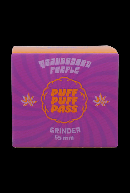 Purple cannabis grinder with “Puff Puff Pass” text and leaf graphics.