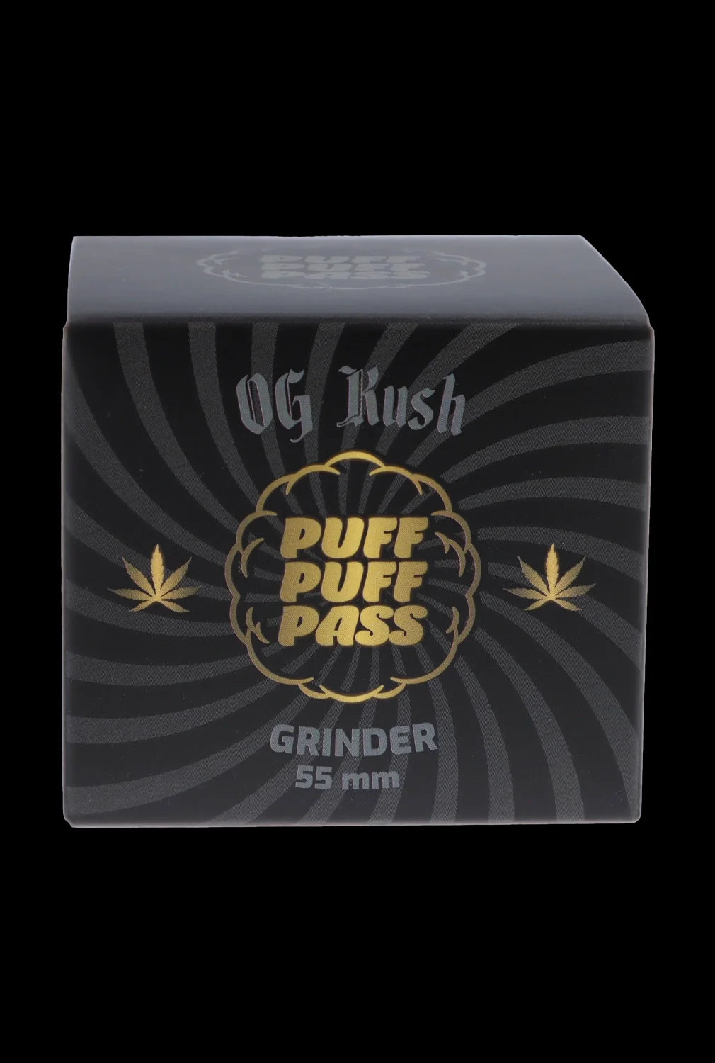 Black cannabis grinder with “OG Kush” and leaf graphics.
