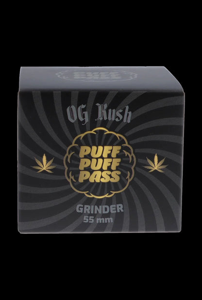 Black cannabis grinder with “OG Kush” and leaf graphics.