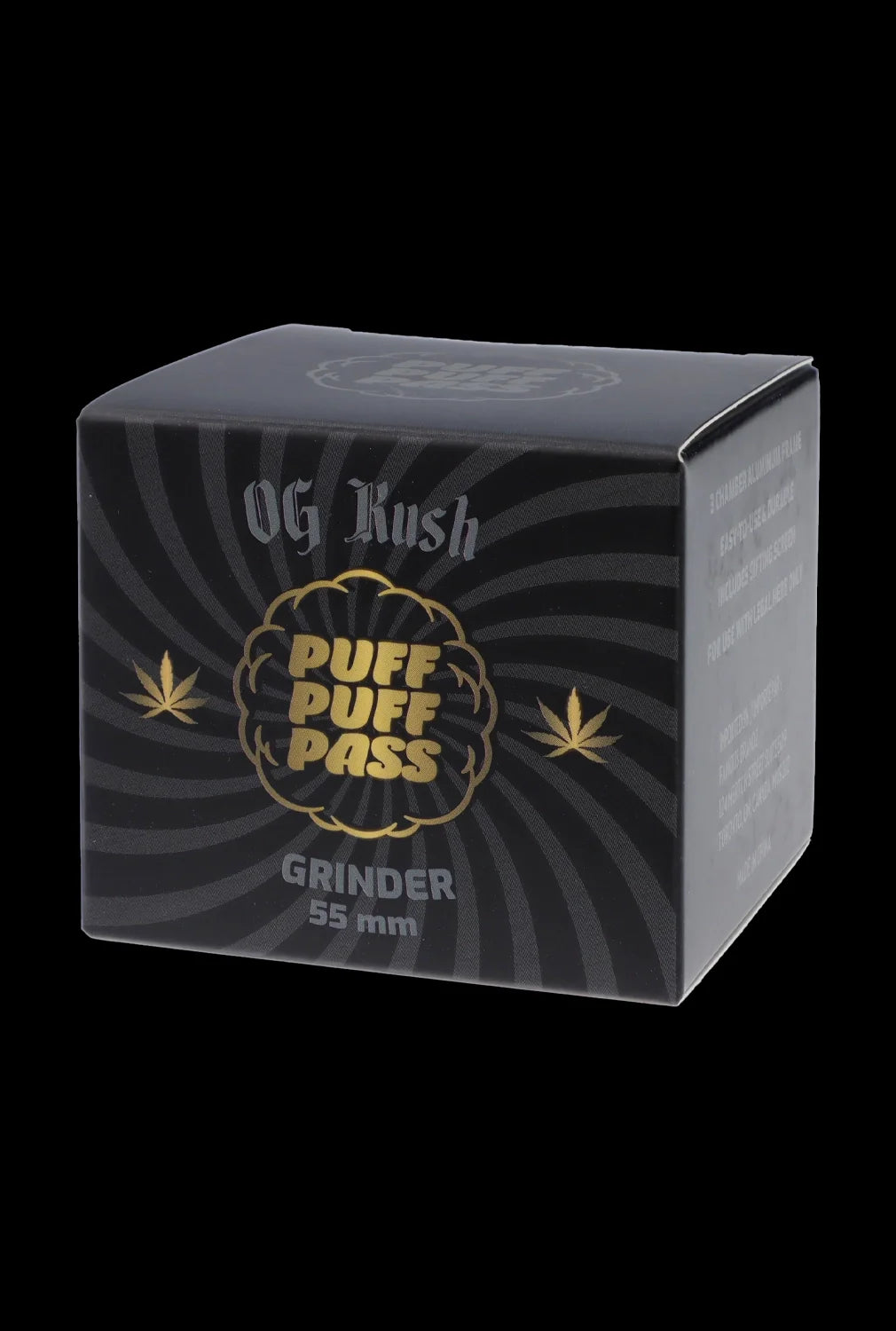 Black cannabis grinder box with "OG Kush" and marijuana leaf graphics.