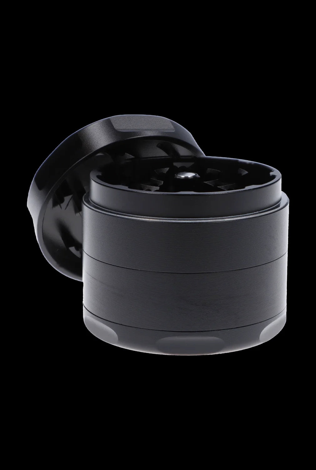 Black four-layer cannabis grinder with open lid.