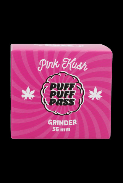 Pink Kush grinder box with cannabis leaf graphics.