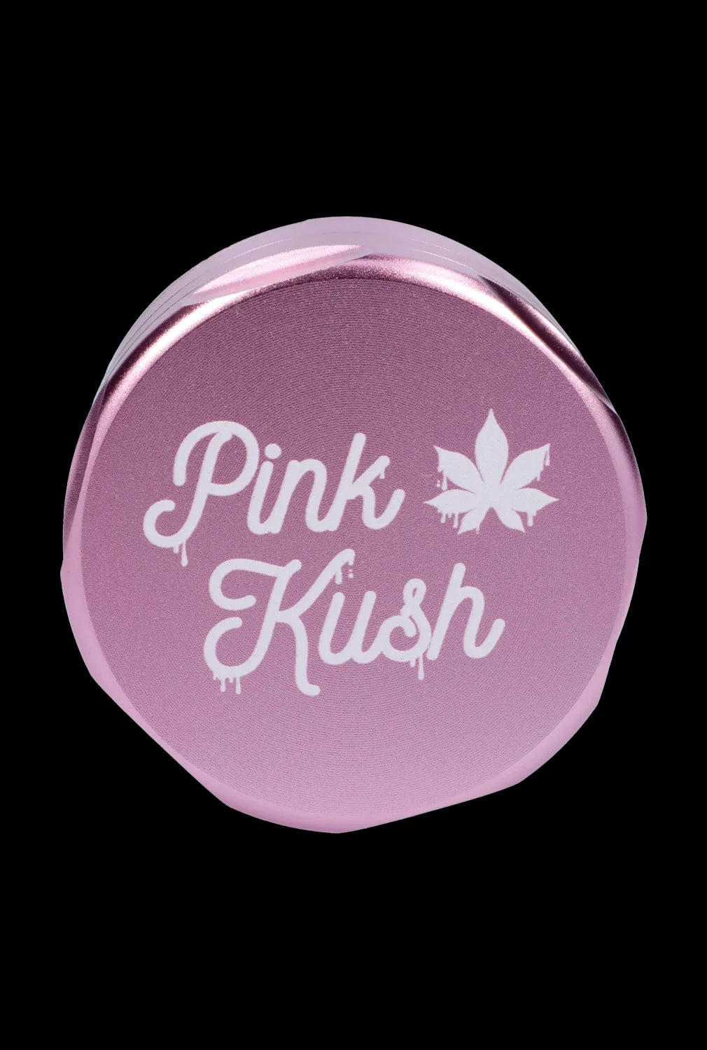 Pink metal grinder with "Pink Kush" and a cannabis leaf design.