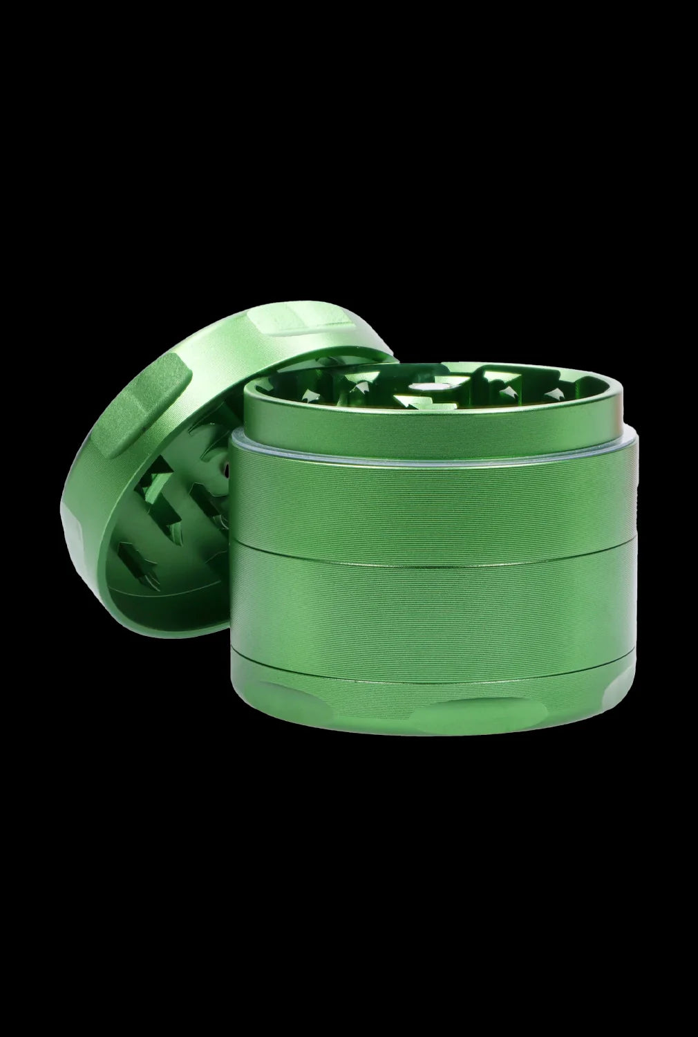 Green four-piece cannabis grinder with open lid.