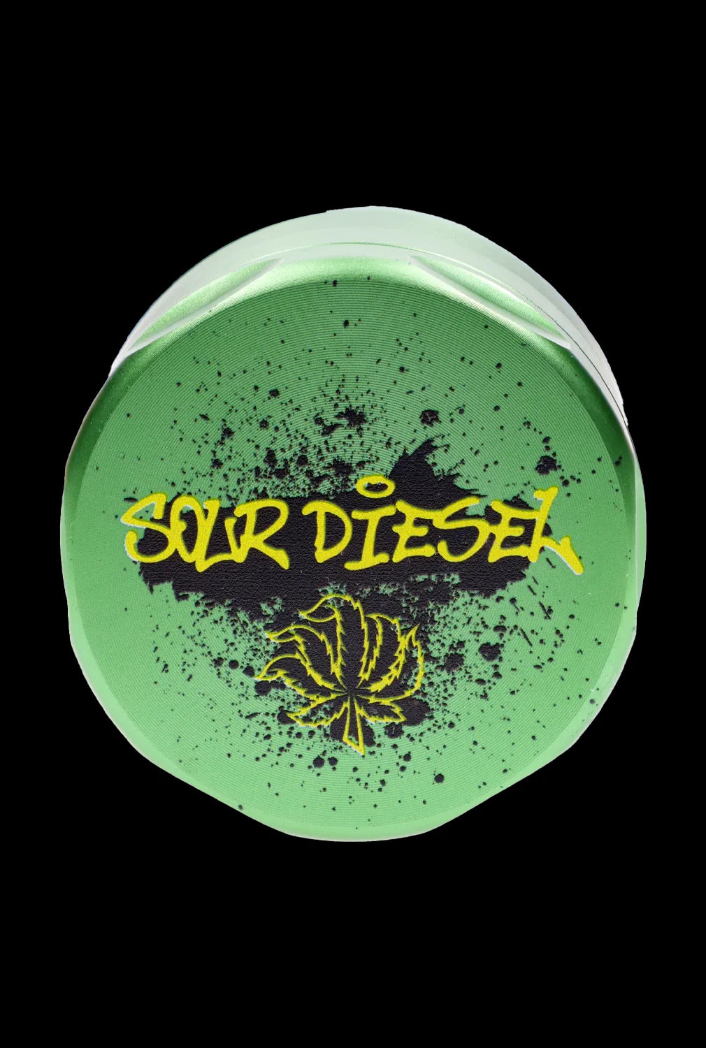 Green cannabis grinder with “Sour Diesel” text and a marijuana leaf design.