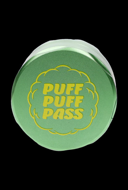 Green cannabis container with “PUFF PUFF PASS” text.