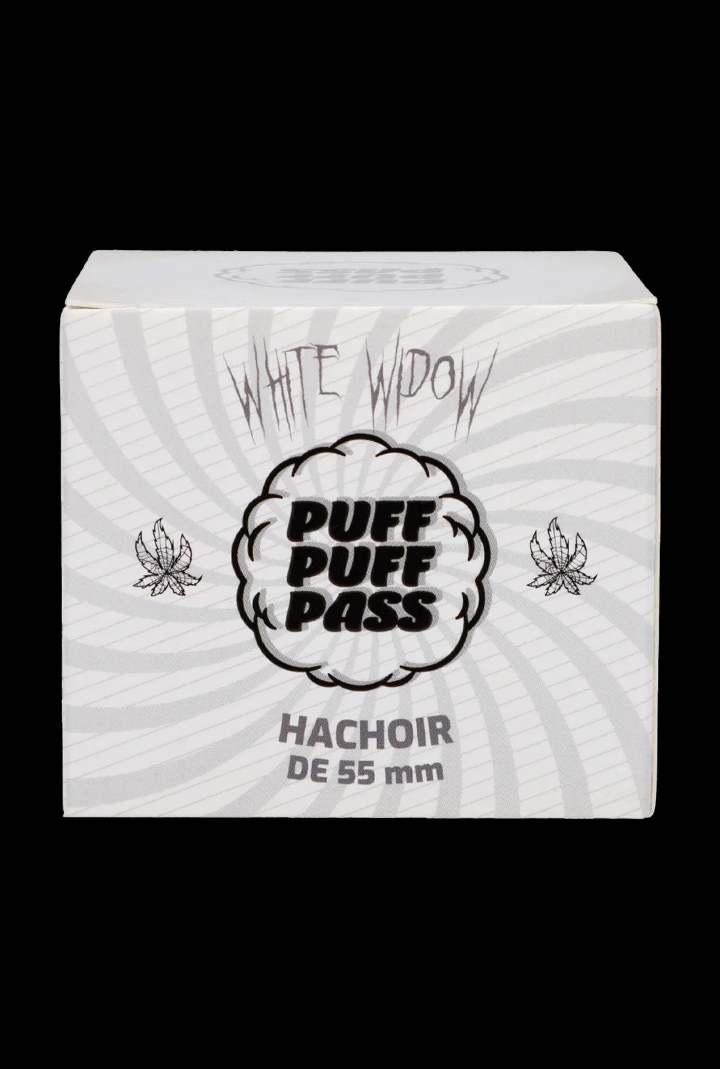 A square, light-green cannabis storage box labeled “White Widow” with “Puff Puff Pass” and “Hachoir DE 55mm” displayed on the front. 