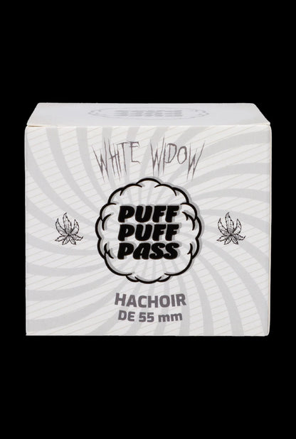 A square, light-green cannabis storage box labeled “White Widow” with “Puff Puff Pass” and “Hachoir DE 55mm” displayed on the front. 