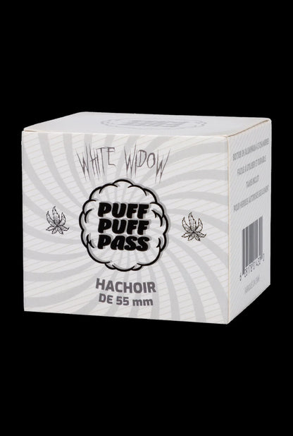White Widow cannabis grinder box with leaf graphics and barcode.