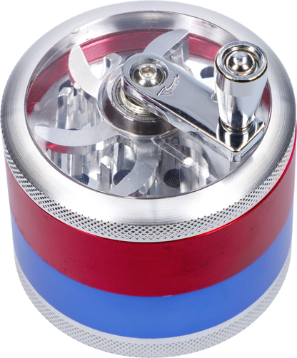 Top-down close-up of the CNC Aluminum Grinder-Assorted (OEM Colors)-62mm showing its chrome crank handle and clear lid revealing sharp internal blades.