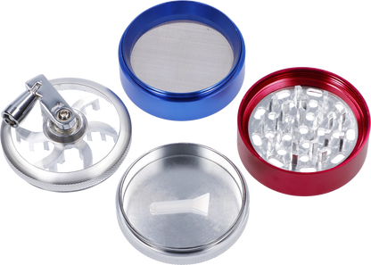 Top-down view of disassembled CNC Aluminum Grinder-Assorted (OEM Colors)-62mm showing blue mesh chamber, red toothed grinding section, and silver lid with crank.