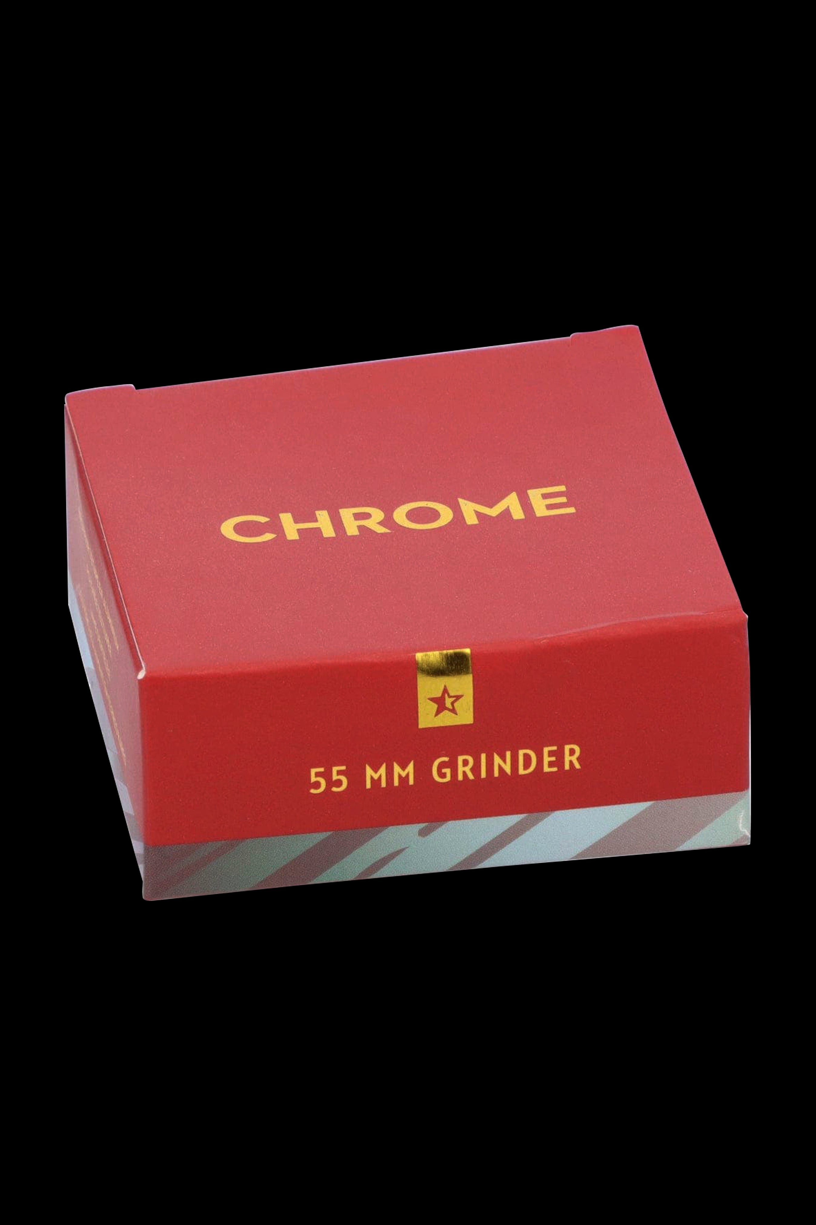 Red and gold box for a 55mm cannabis grinder, labeled “Chrome.”