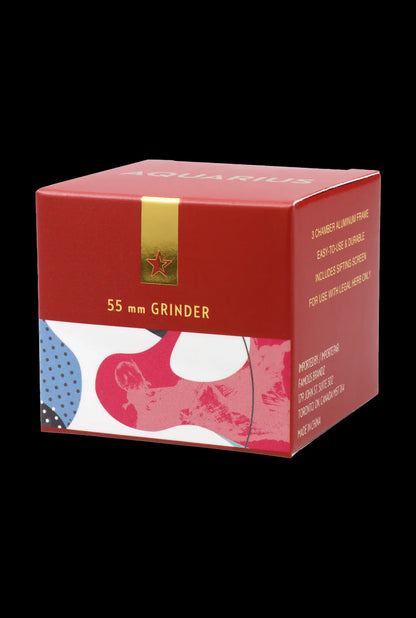 Red box with colorful design and text on a black background