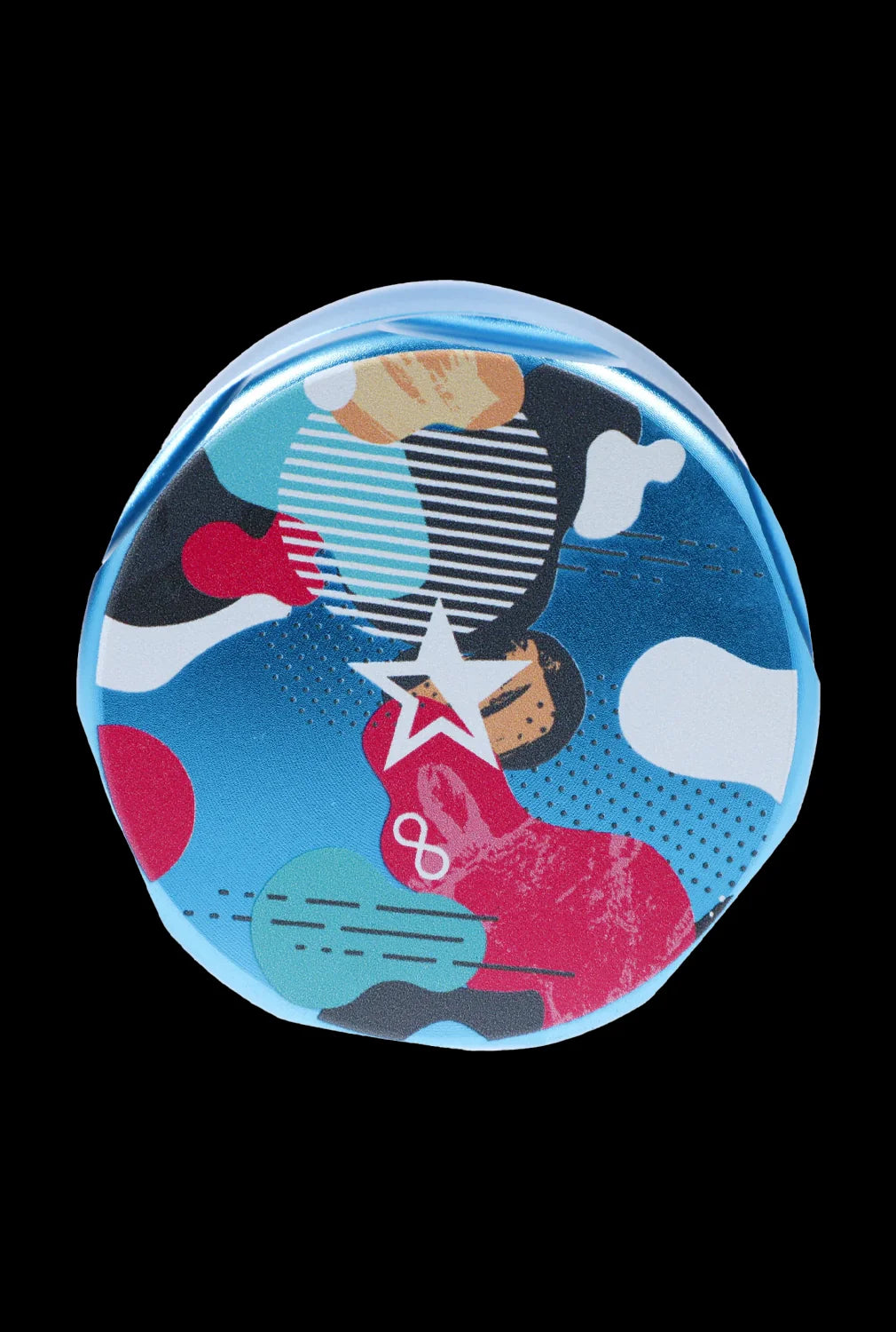 Circular product with colorful design on a black background