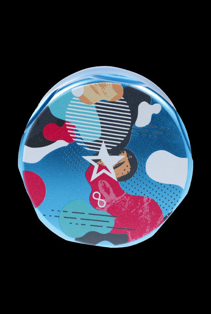 Circular product with colorful design on a black background