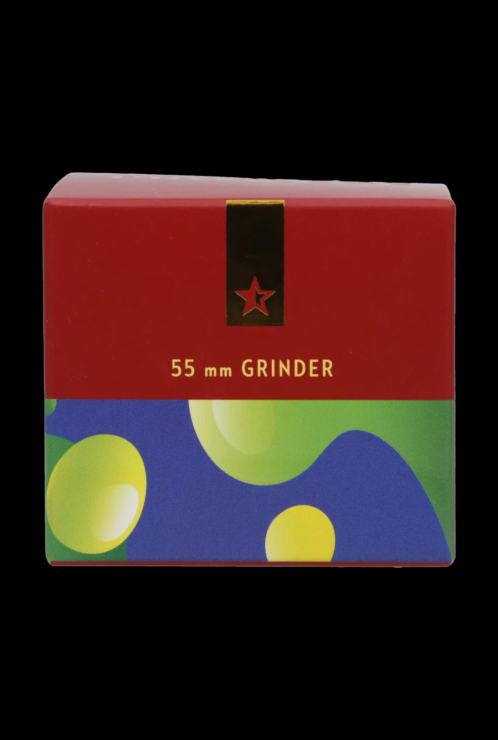 Front-facing shot of the Famous Design-Privilege Aluminum 3 Stage Grinder-Blue box with red upper panel, gold star emblem and colorful abstract lower artwork.