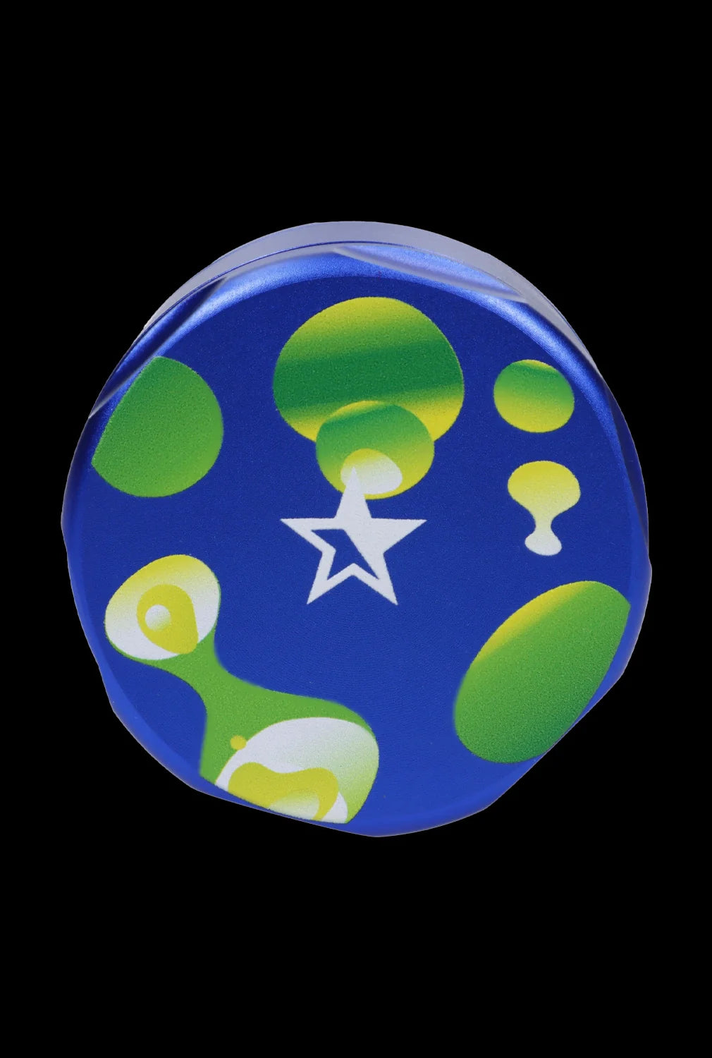 Top-down view of the blue Famous Design-Privilege Aluminum 3 Stage Grinder-Blue with green and yellow bubble patterns and a white star on a black background