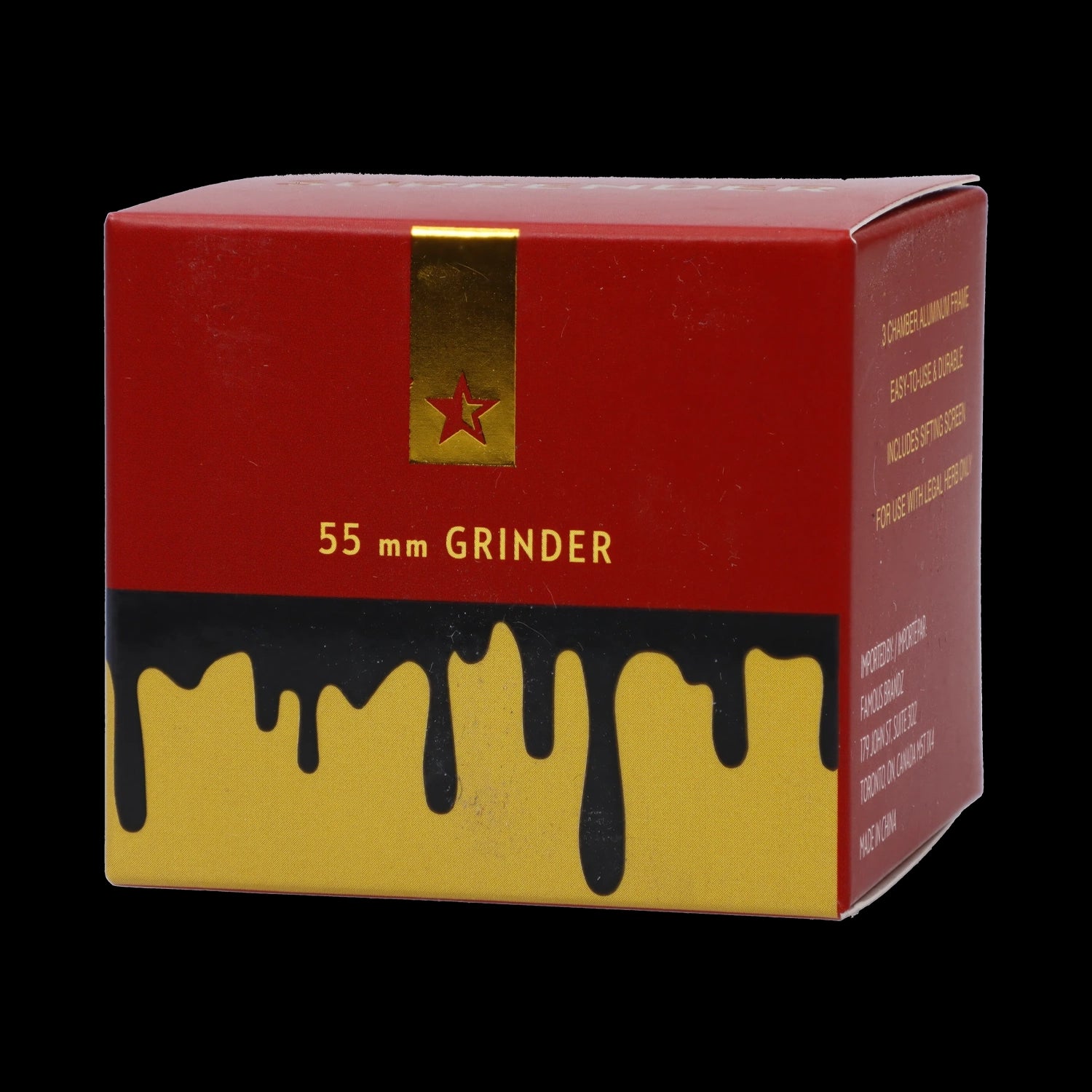 Angled front view of the red and yellow box labeled Famous Design-Surrender Aluminum 3 Stage Grinder-Gold showing a gold star tab and "55 mm GRINDER" text.