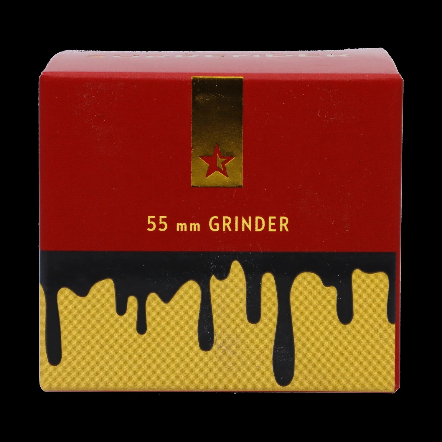 Close-up front view of the Famous Design-Surrender Aluminum 3 Stage Grinder-Gold box showing red top, gold star tab and "55 mm GRINDER" text above a dripping black-on-yellow graphic.