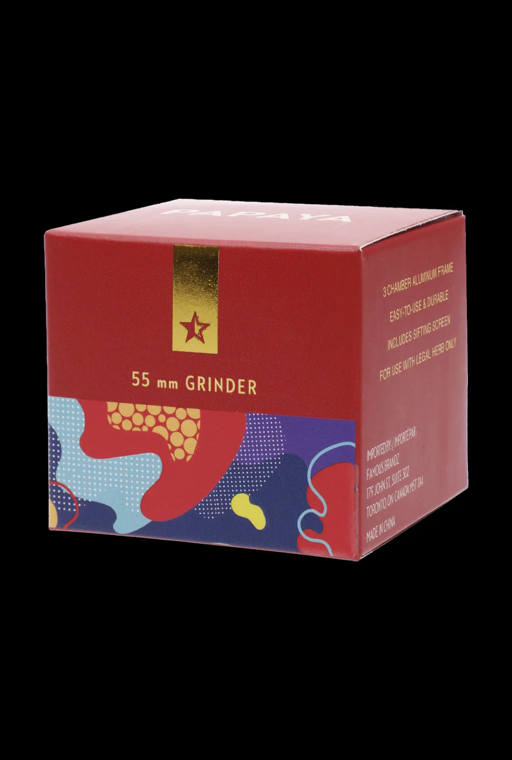 Angled front view of the Famous Design-Papaya Aluminum 3 Stage Grinder-Rose Gold box showing red packaging with gold star emblem, "55 mm GRINDER" text and colorful abstract lower panel