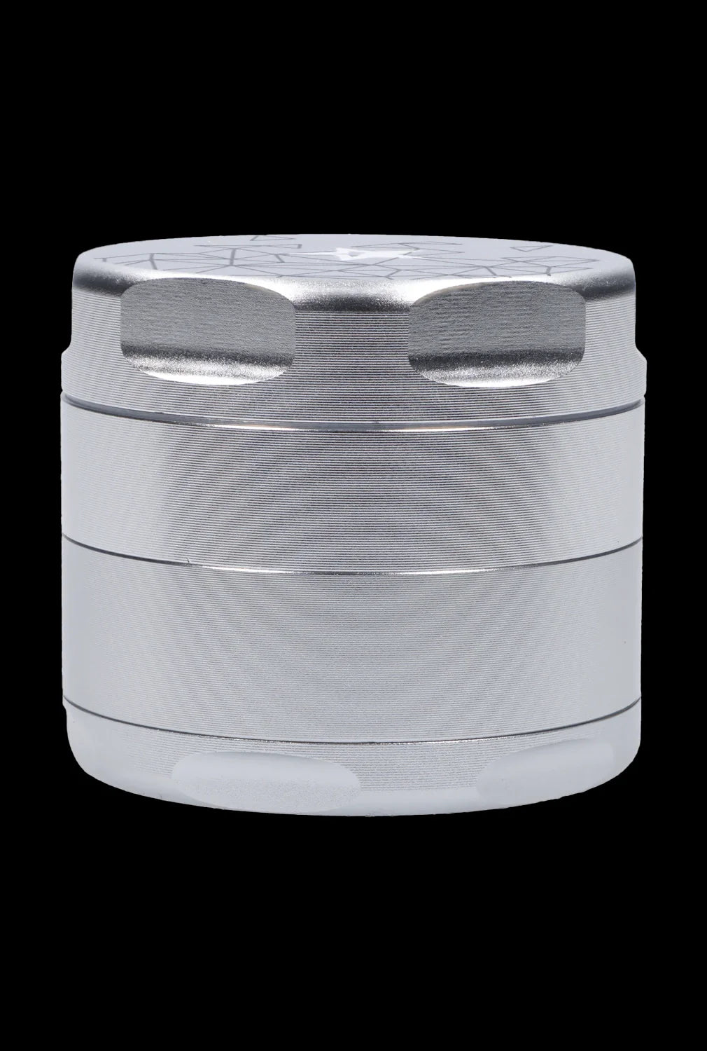 Close-up front view of the Famous Design-Space Aluminum 3 Stage Grinder-Silver showing its stacked cylindrical silver metal layers and textured grip notches against a black background.