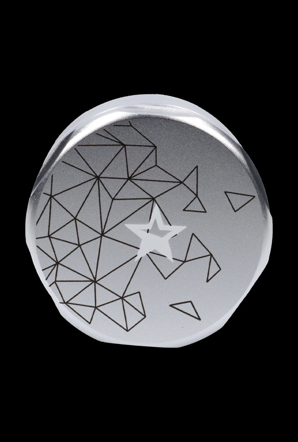 Top-down view of the silver Famous Design-Space Aluminum 3 Stage Grinder-Silver showing a geometric line pattern and central star against a black background