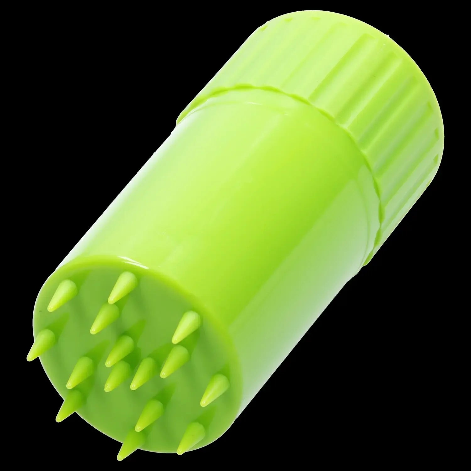 Bright green grinder with conical teeth, isolated on a white background.
