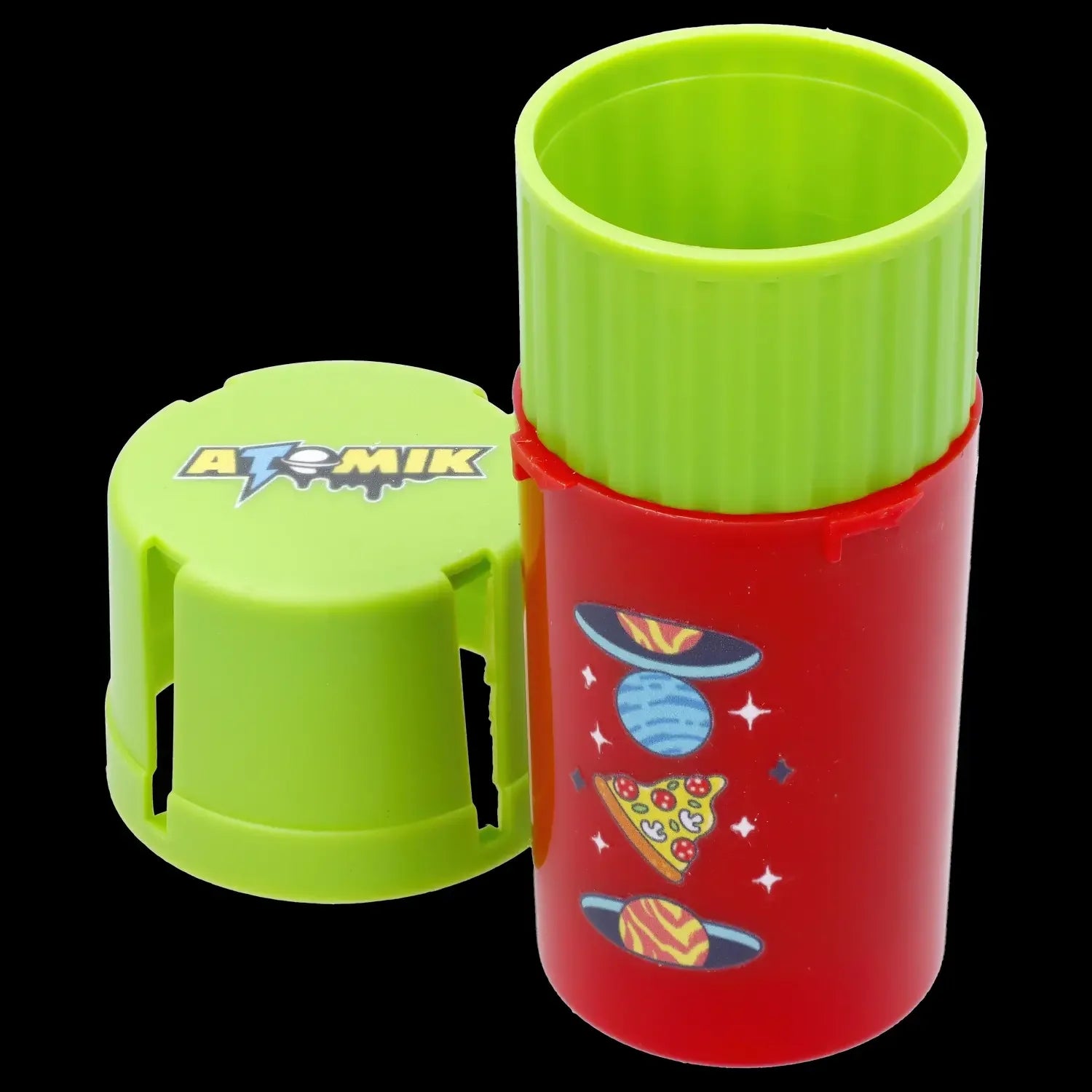 A brightly colored, cylindrical smoking kit with a green top and red base decorated with pizza and UFO graphics, separated into two parts.