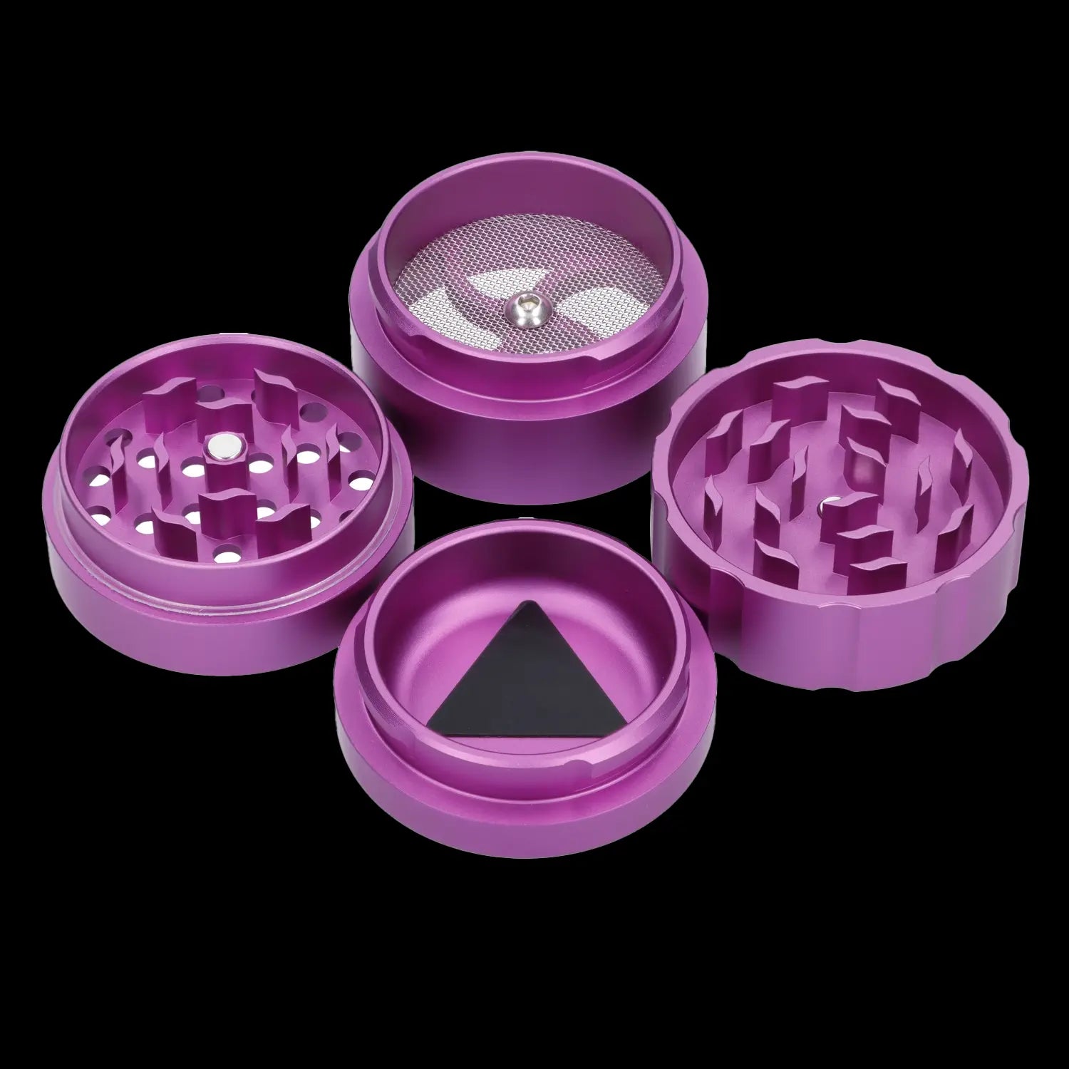 Purple four-piece cannabis grinder disassembled, showing each component.
