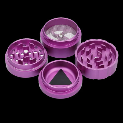 Purple four-piece cannabis grinder disassembled, showing each component.