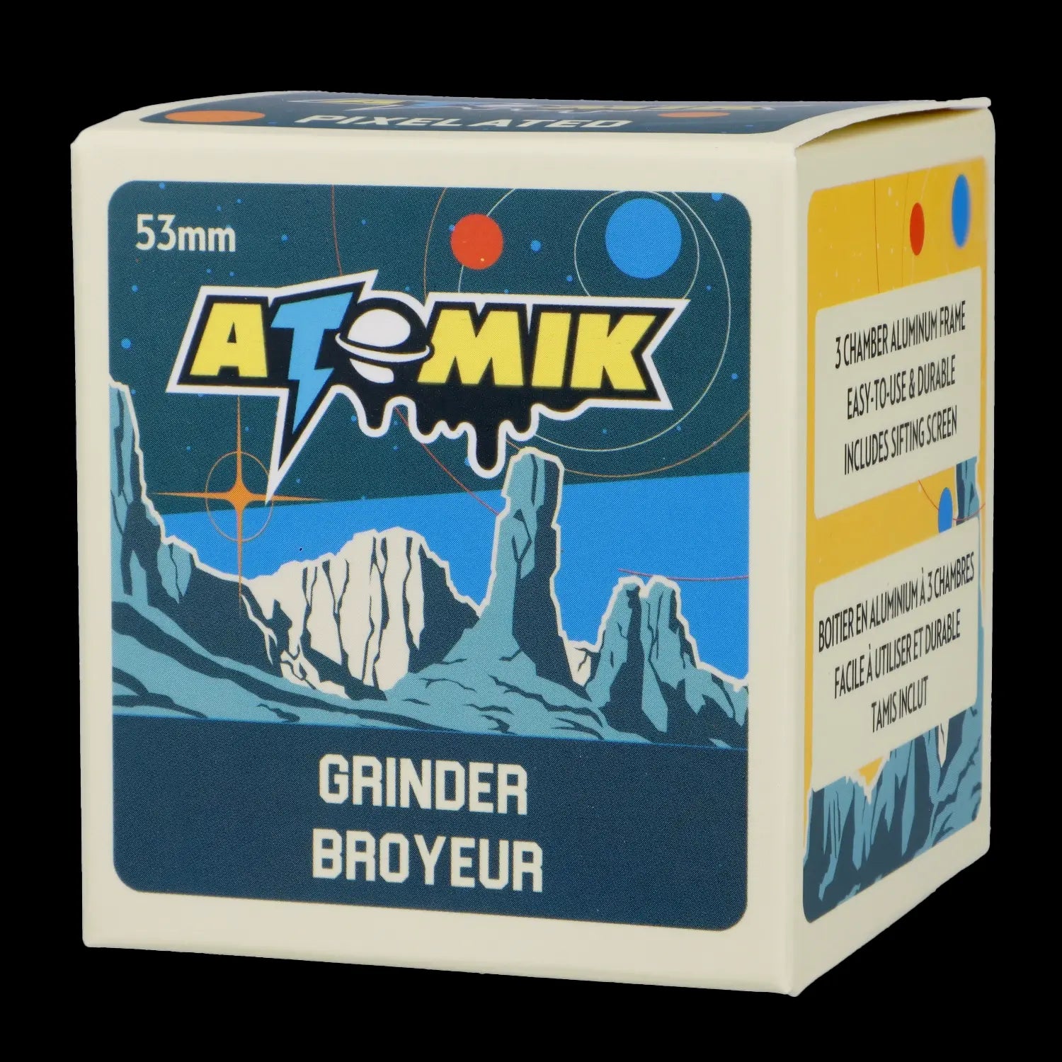 Close-up of a retro-styled cannabis grinder box with a mountain landscape design and text in both English and French. <start_of_image>