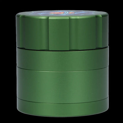 Green four-chamber cannabis grinder with a patterned top.