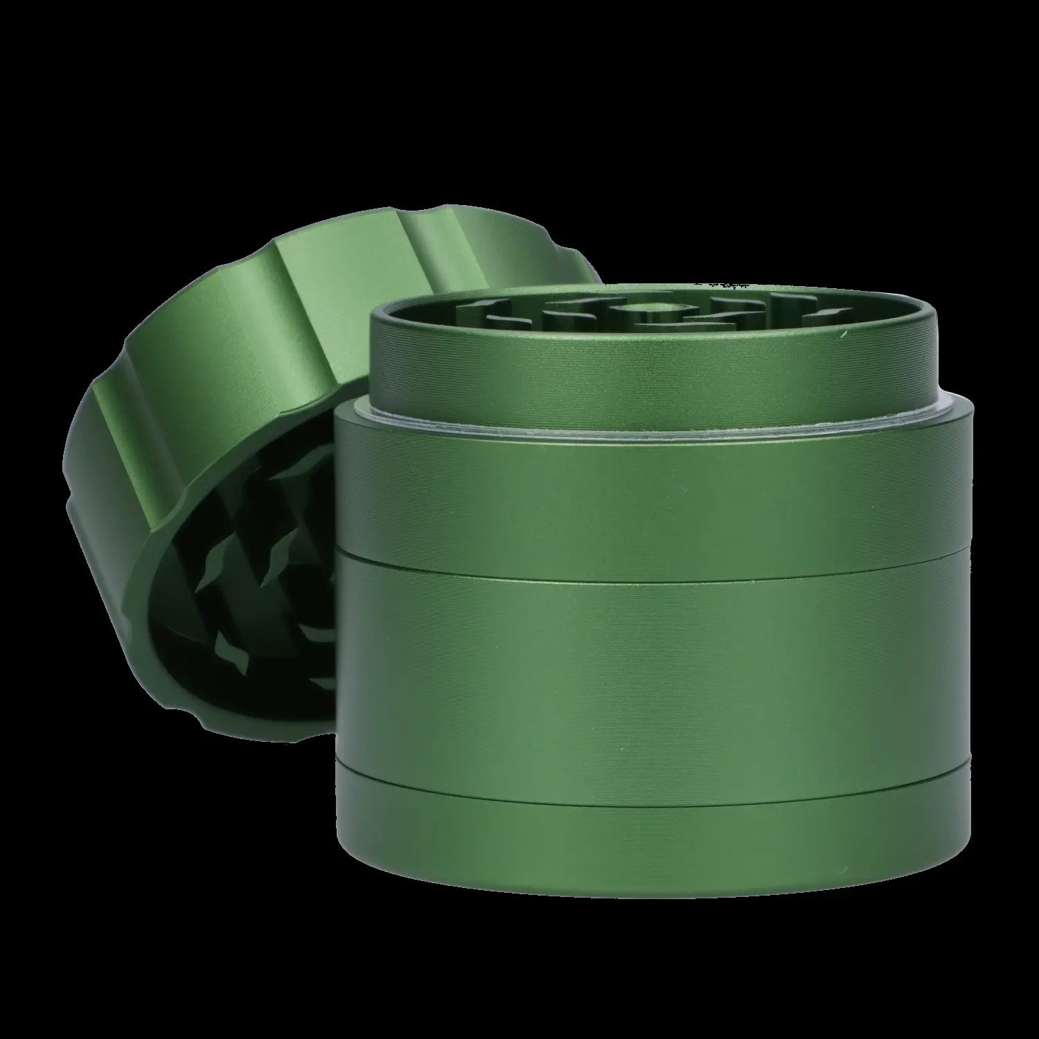 Green four-piece metal herb grinder with lid partially open, revealing the grinding teeth.