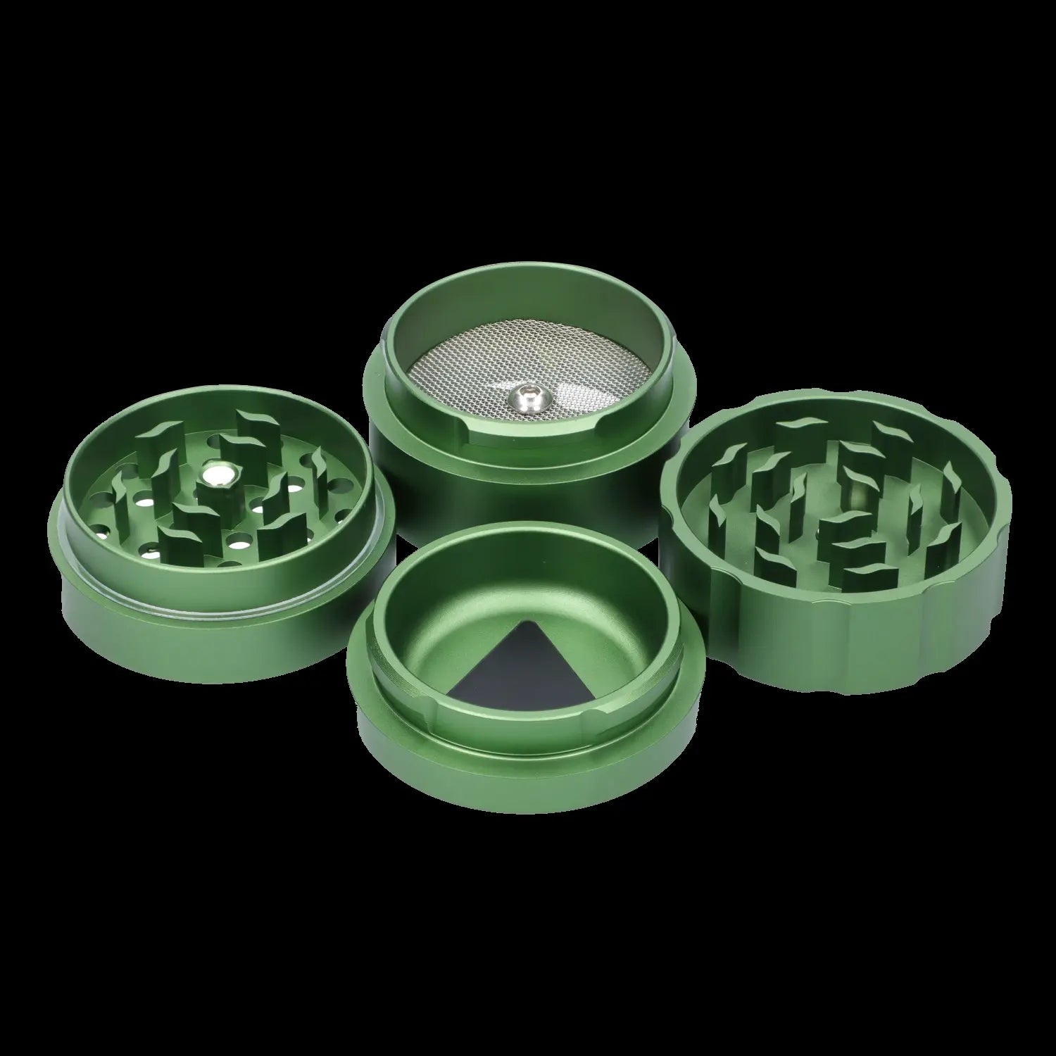 Green four-piece cannabis grinder with visible grinding teeth and collection chamber.