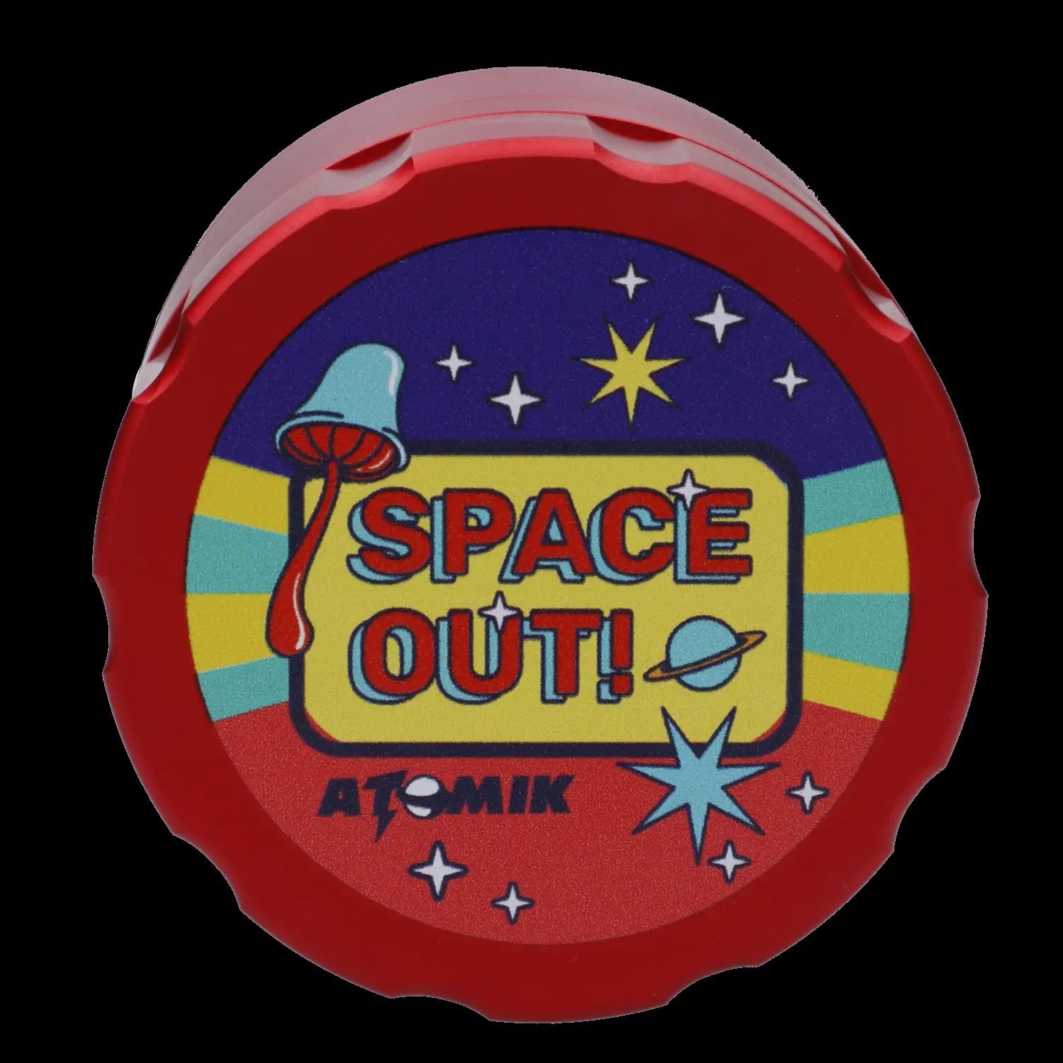 Red, circular container with a retro space-themed design reading "SPACE OUT!" and "ATOMIK".