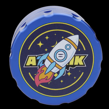 Blue cannabis accessory lid featuring a rocket ship design with the letters "AZTK" and a starry background.