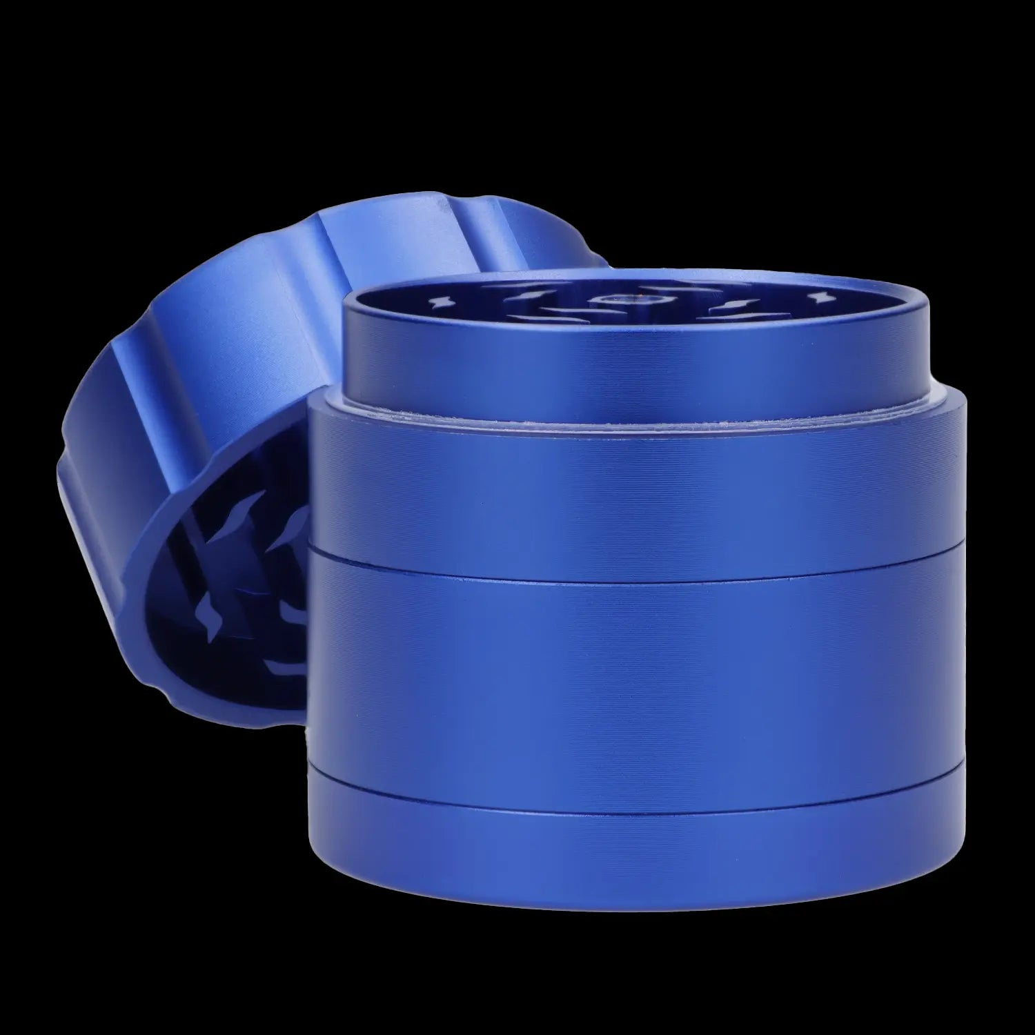 Blue four-piece cannabis grinder with open lid.