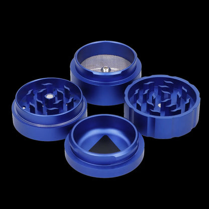 Blue four-piece cannabis grinder with separated components displayed on a black background.