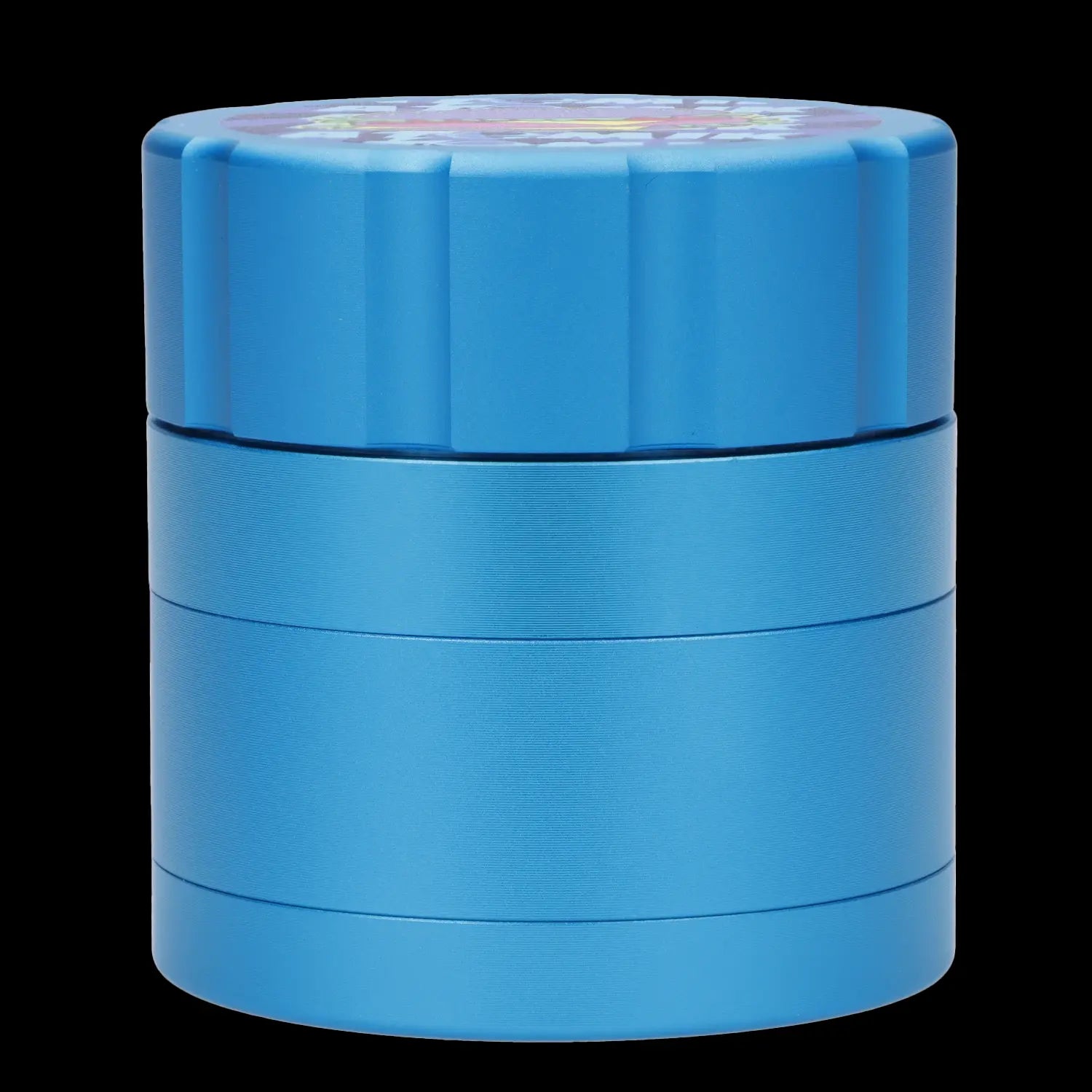 Blue four-chamber cannabis grinder with a patterned lid.