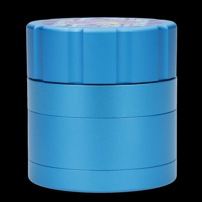 Blue four-chamber cannabis grinder with a patterned lid.