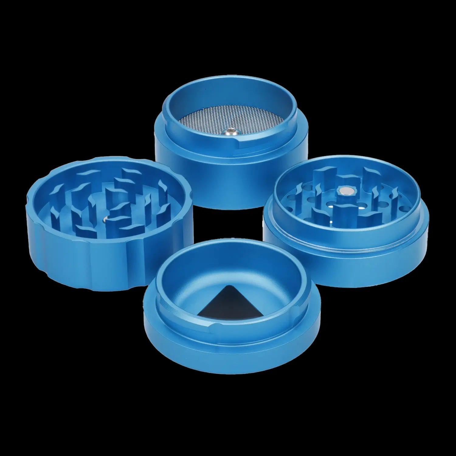 Blue four-piece cannabis grinder disassembled on a black background.