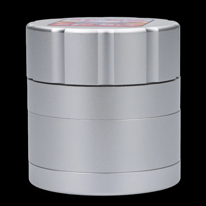 Silver cannabis grinder isolated on a white background.