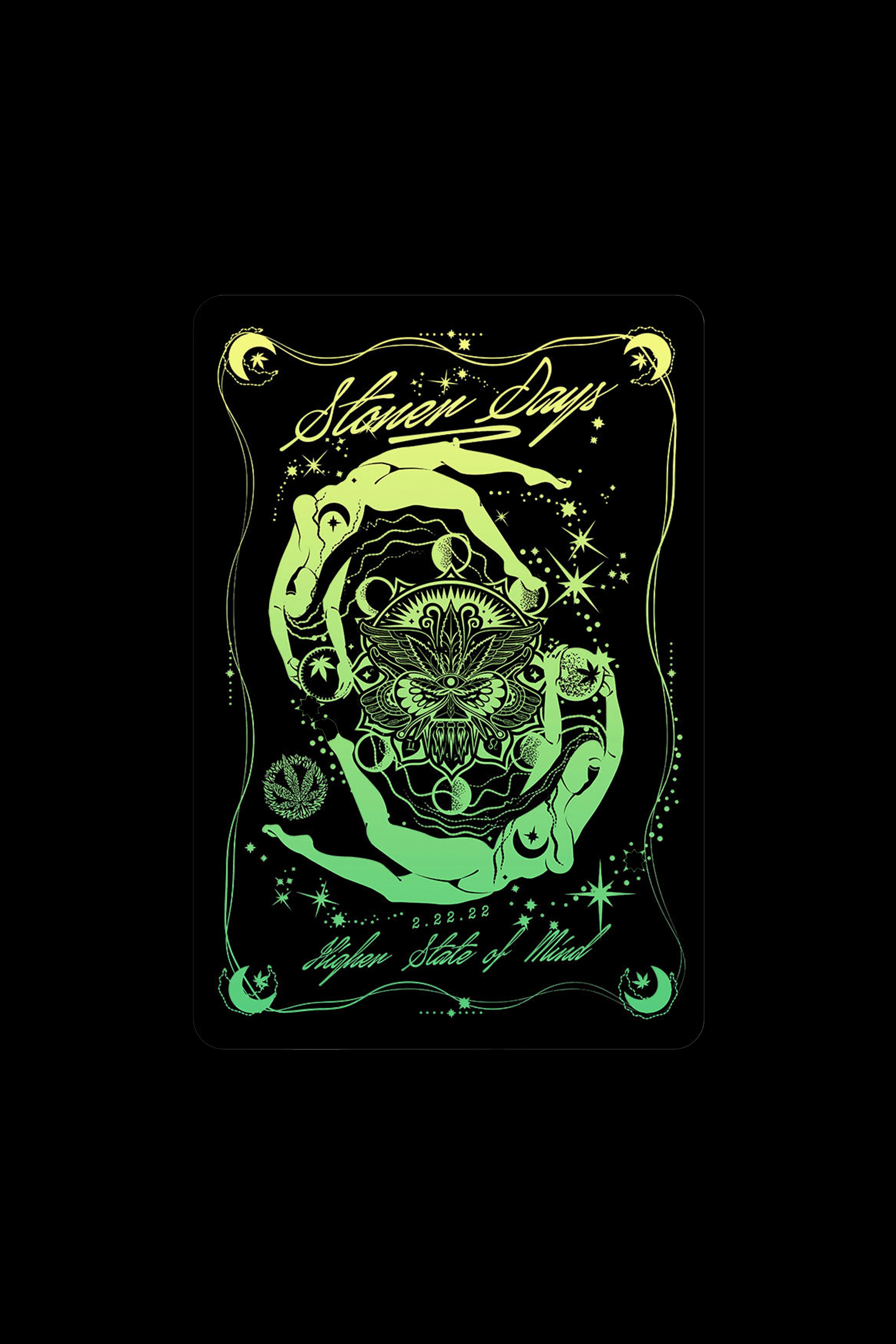 Glowing green tarot card design featuring hands cradling a cannabis leaf within a celestial, ornate frame, with the text “Seven Days” and “Higher State of Mind” above and below.