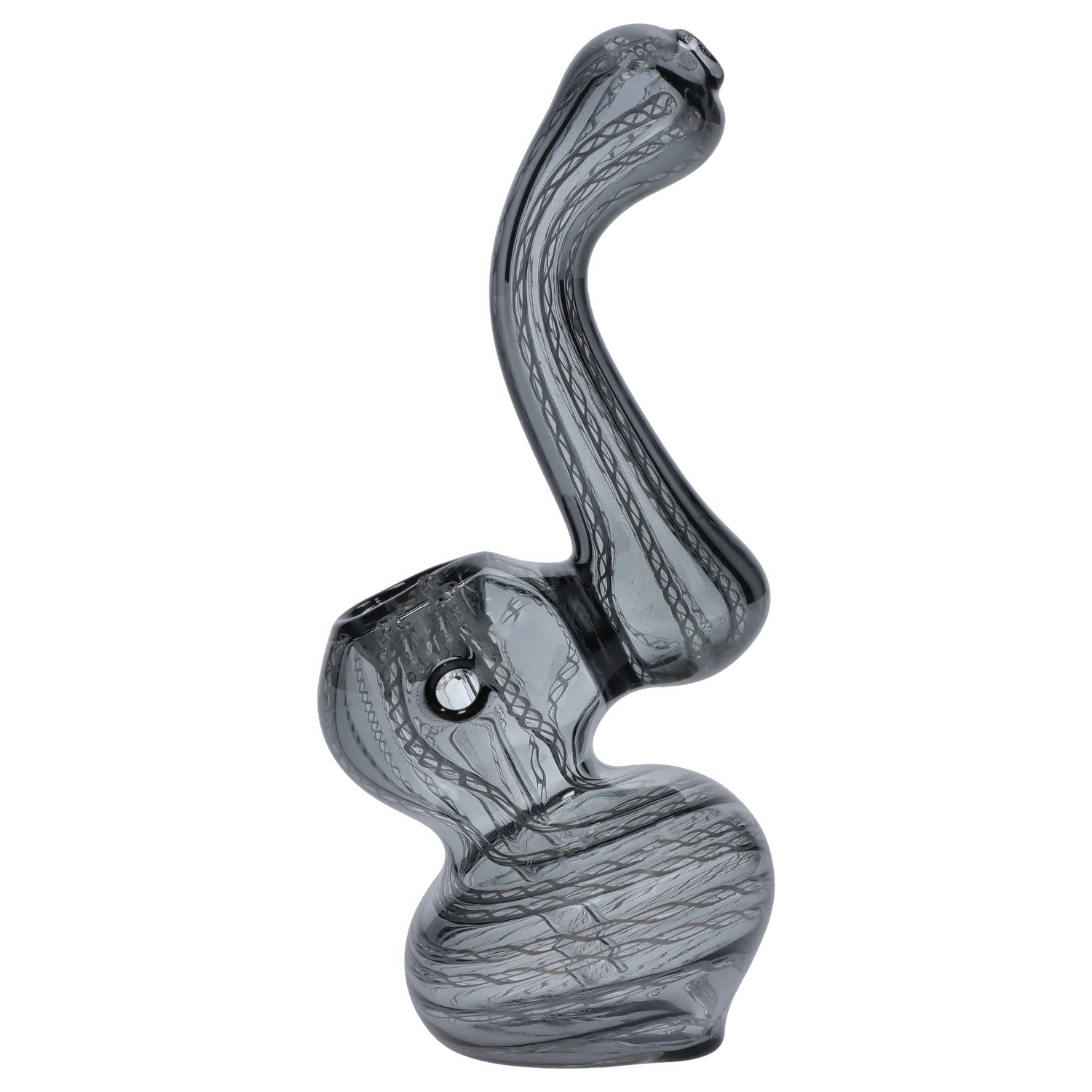 Angled top-down view of the Smoke Cartel Mini Bubbler with Colored Tube showing its curved gray glass body with internal twisted cane striping.