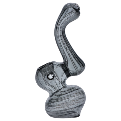 Angled top-down view of the Smoke Cartel Mini Bubbler with Colored Tube showing its curved gray glass body with internal twisted cane striping.